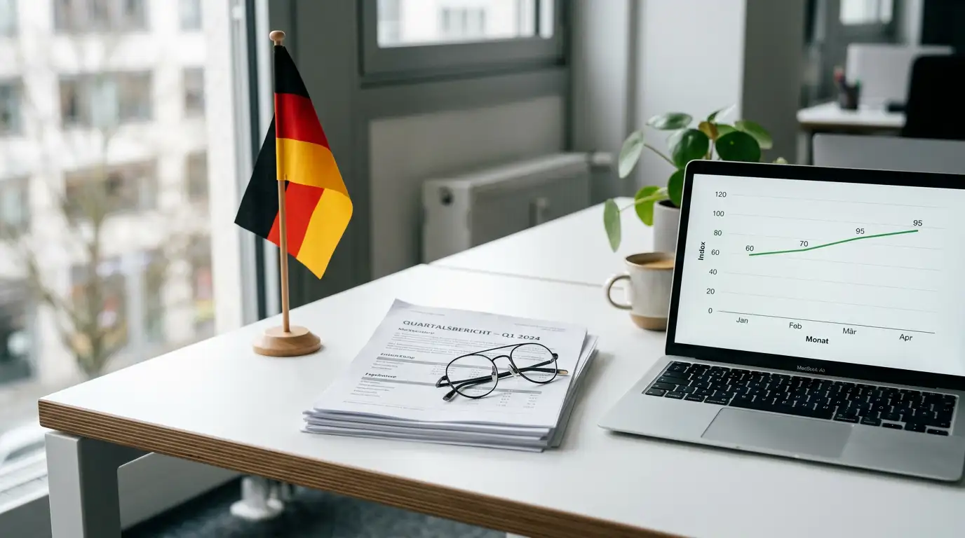 Büroarbeitsplatz mit Dokumenten zur deutschen Glücksspielregulierung und einem Bildschirm mit Marktdaten