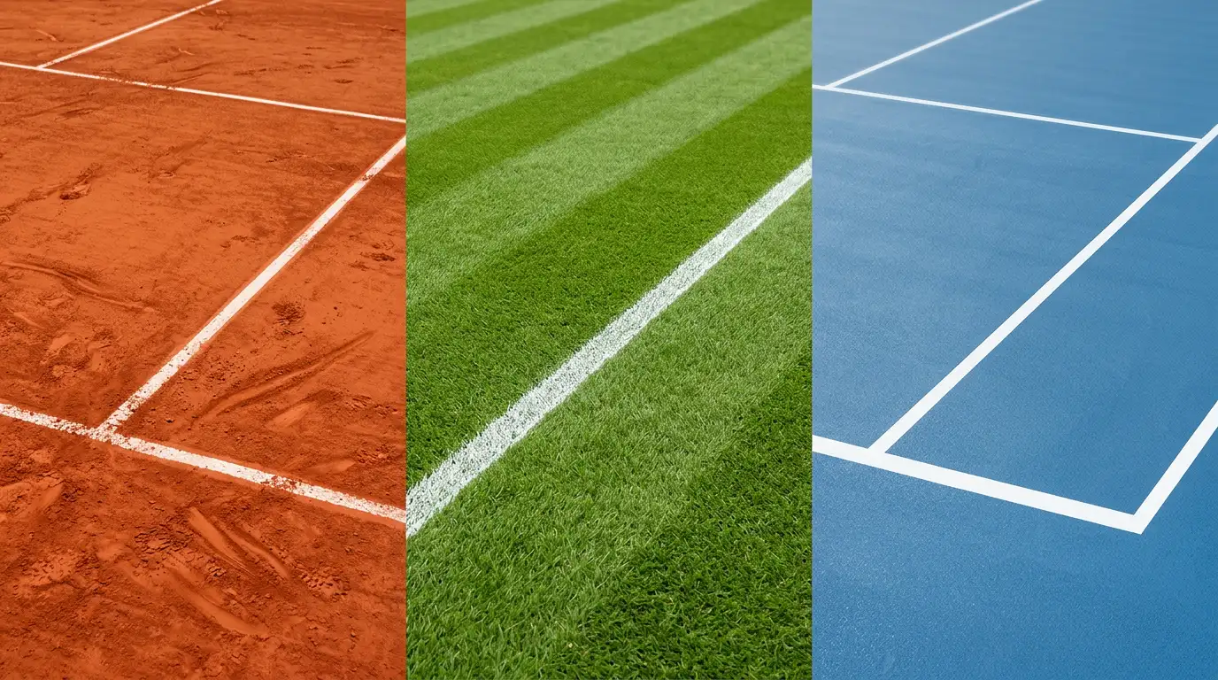 Drei nebeneinander liegende Tennisplätze mit Sand, Rasen und Hartplatz-Belag