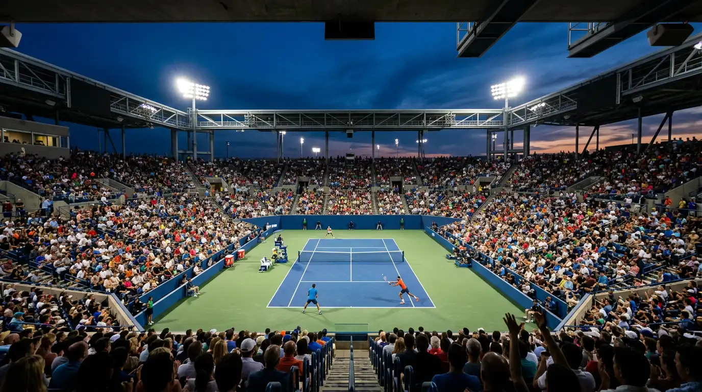 Tennismatch aus Zuschauerperspektive in einem voll besetzten Stadion während eines Ballwechsels