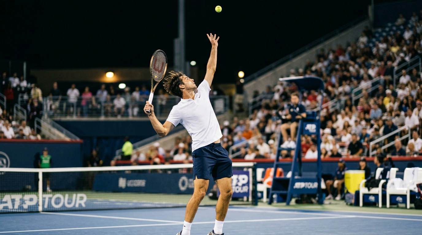Tennisspieler beim Aufschlag auf einem Hartplatz mit verschiedenen Wettarten-Symbolen