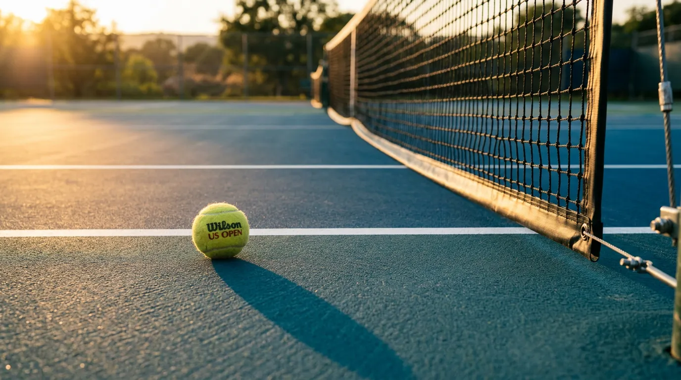 Tennis-Wetten 2026: Tennisball auf einem Tennisplatz mit Netz im Hintergrund bei Sonnenuntergang